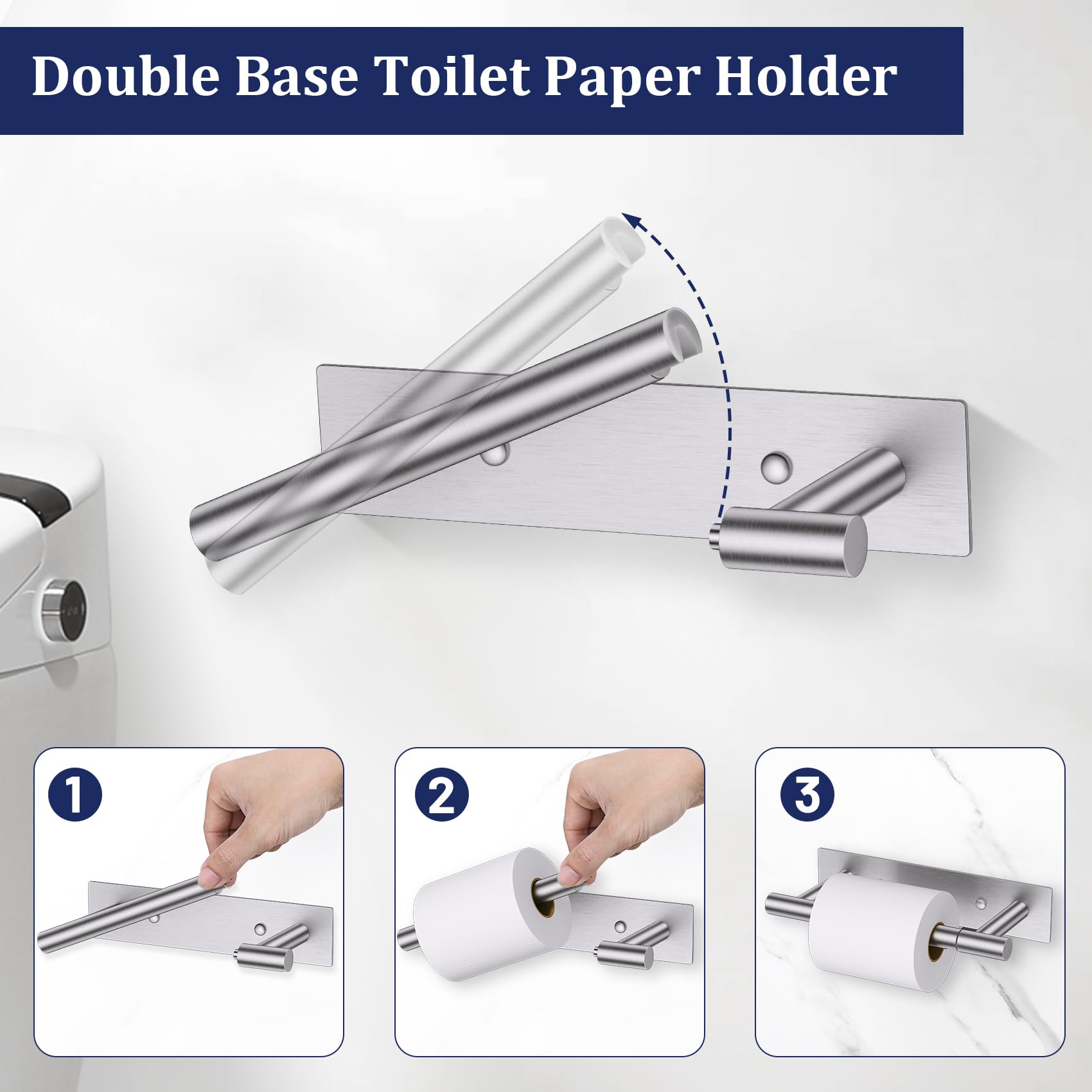 Brushed Nickel Toilet Paper Holder - Adhesive or Screw Mount -3
