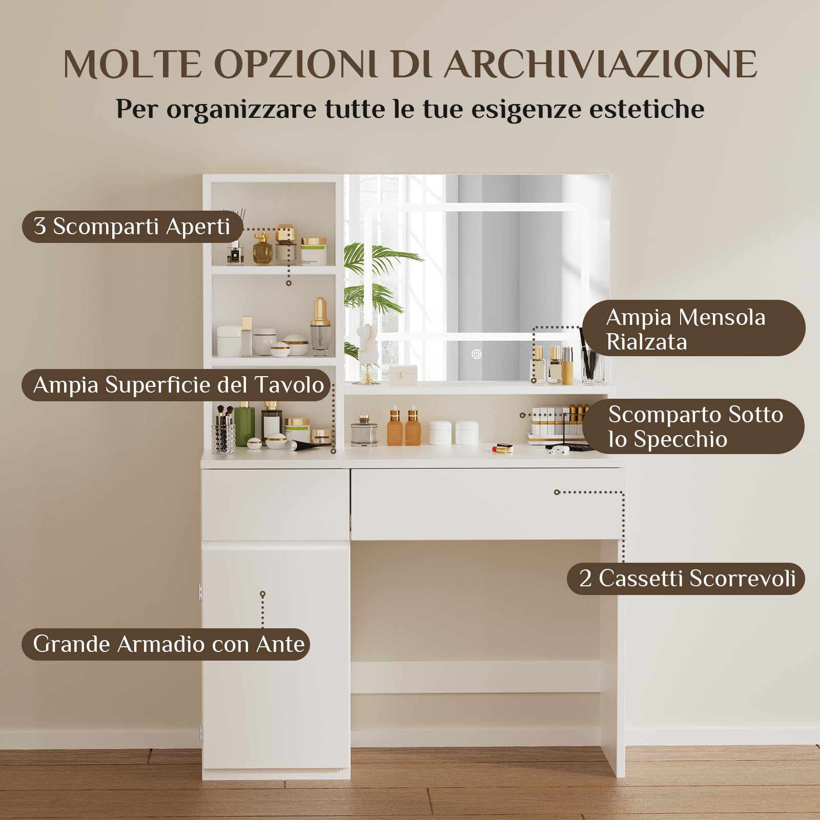 Devoko Toeletta Trucco con Specchio, Luci LED Regolabili, Ripiani Regolabili con 2 Cassetti，Postazione Trucco,Tavolo da Toilette Moderno in Legno Bianco