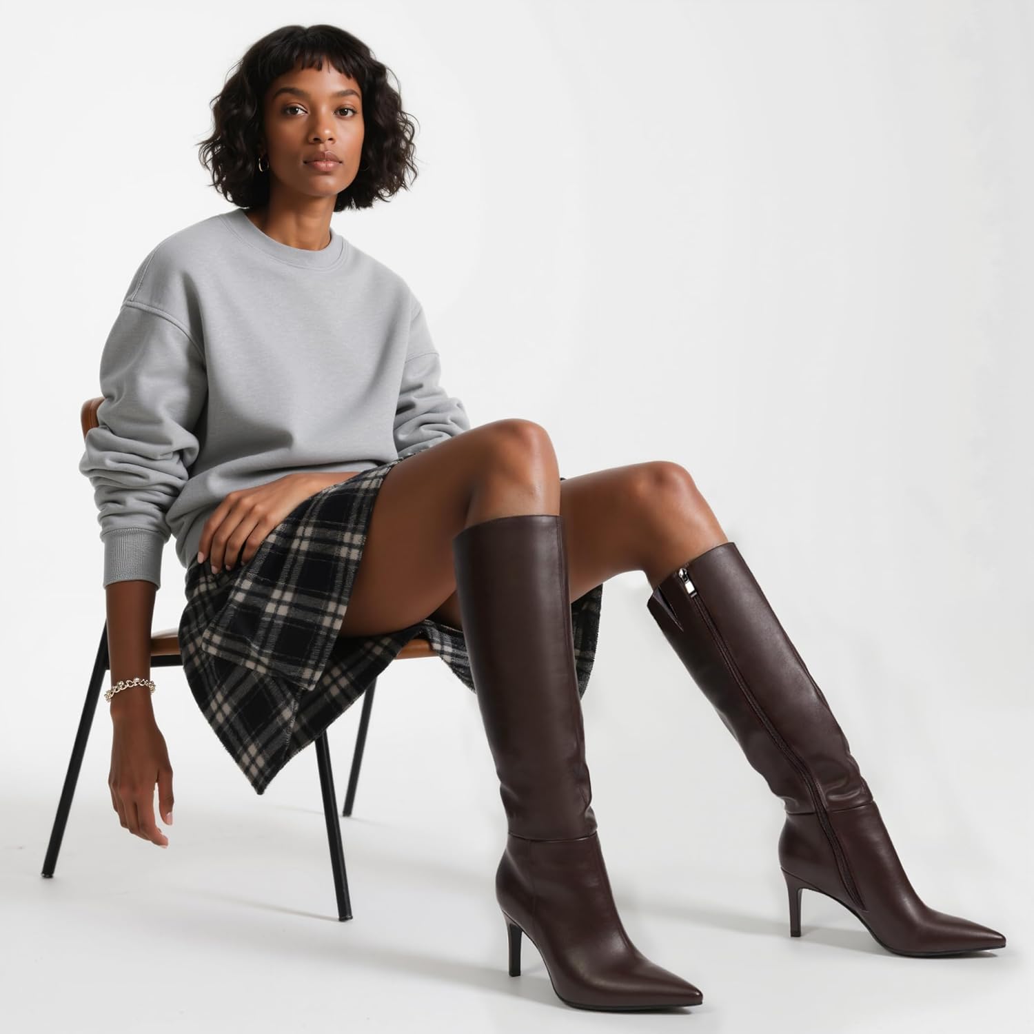 knee high boots women pointed toe tall boots 3 in stiletto high heel long boots side zipper dress knee high boots 6 chocolate
