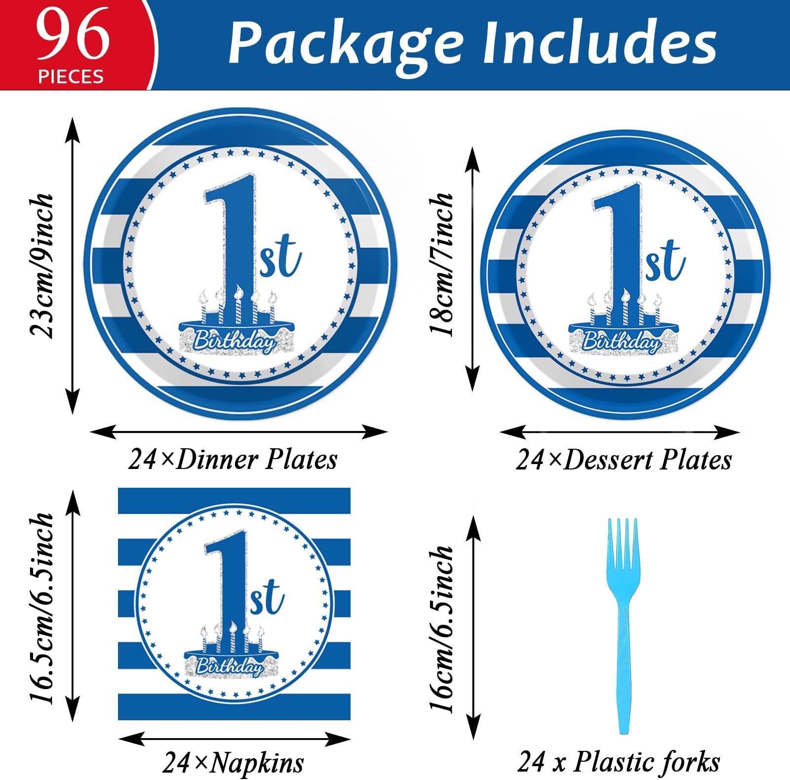 96Pcs Baby First Birthday Party Supplies Boy 1st Birthday Paper Plates Napkins Nautical Blue One Party Decorations Baby Show One Year Old Dinnerware Favor Tableware Serves 24