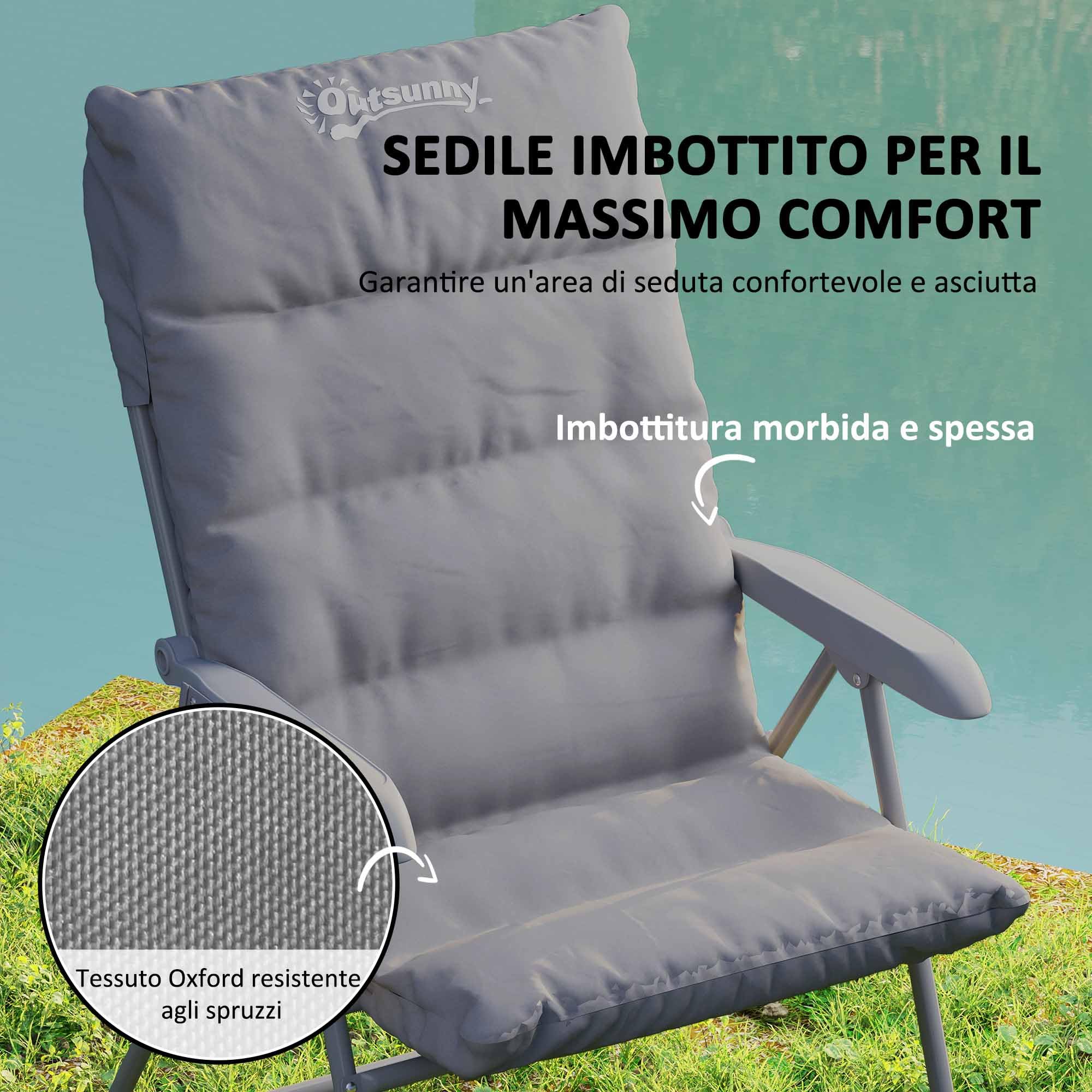 Outsunny Sedia da Campeggio Pieghevole con Schienale Alto Regolabile su 5 Livelli e Tasche Laterali, Sedia da Giardino in Tessuto Oxford e Metallo, Portata Fino a 120 kg, 66x58x105 cm, Grigio Chiaro