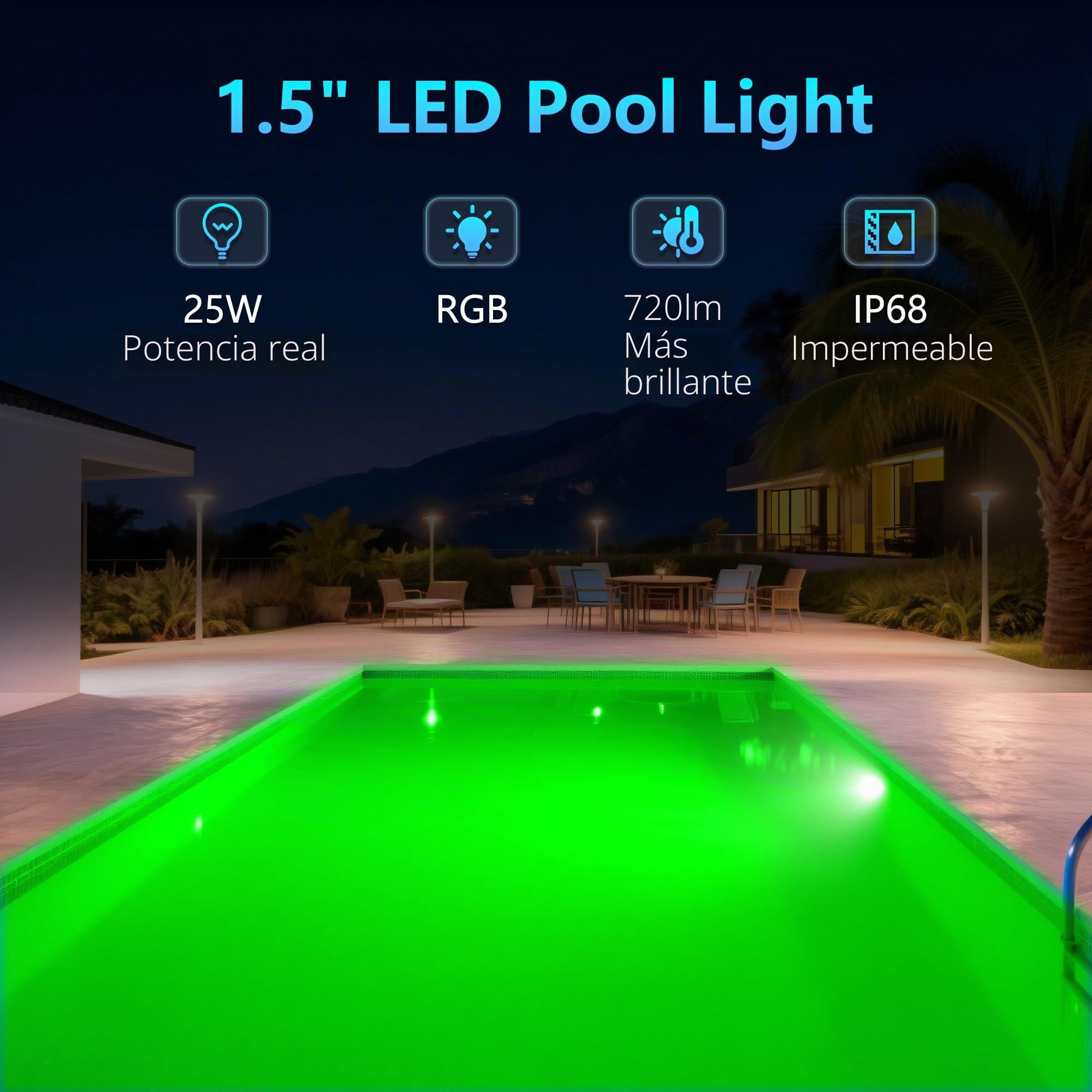Foco LED Piscina con Rosca 1,5", 25W Lámpara Piscina RGB Multicolor con Remoto, Ø242mm, 12V AC Relleno de Resina Luz Sumergible para Boquilla y Tubo para Piscinas Hormigón Escaleras