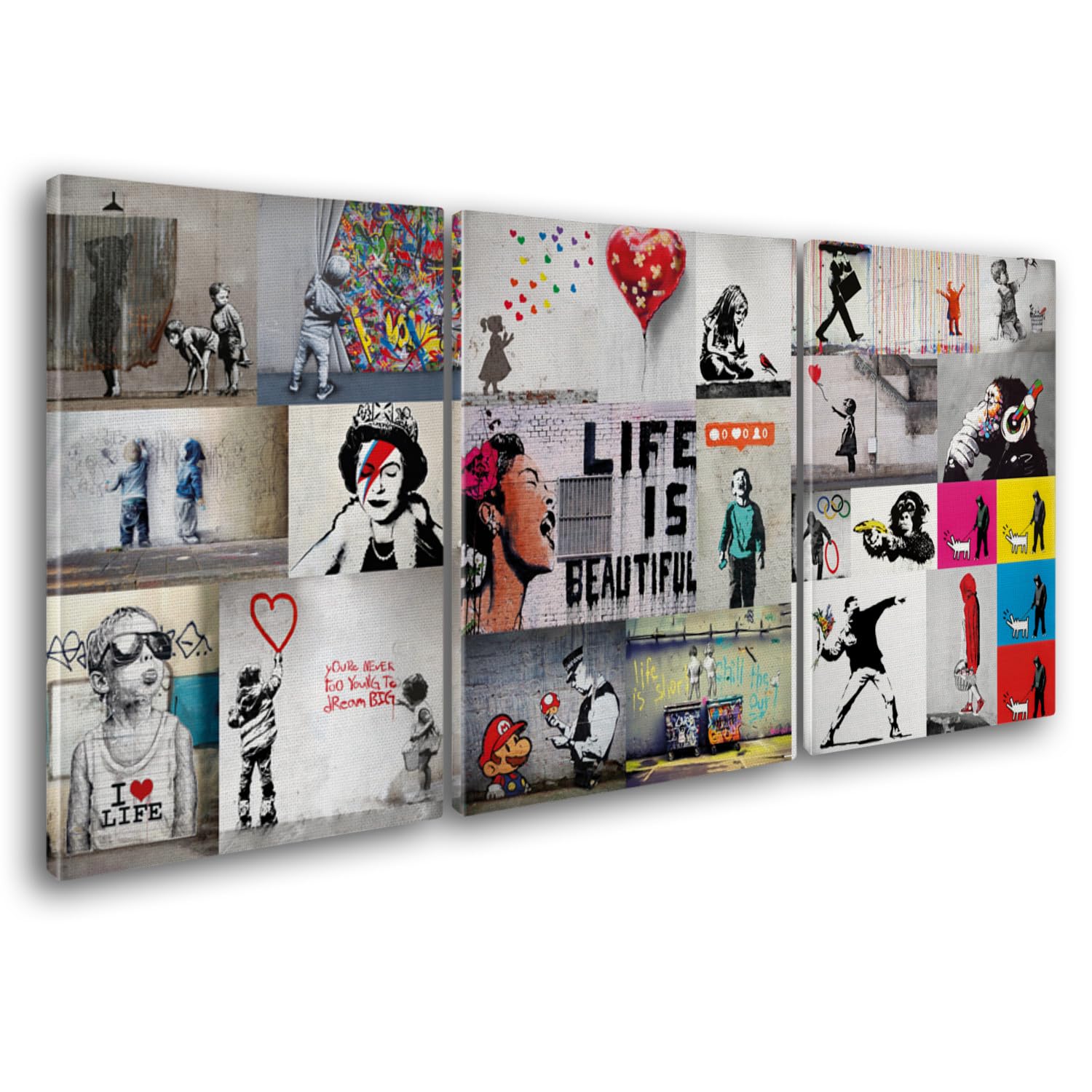 Giallobus - Quadri Grande Formato XXL - Banksy - Street Art - Collage 1 - Tela Canvas - 218x100cm | 3pcs. x 70x100cm - Pronto da Appendere - Quadri Moderni per la casa