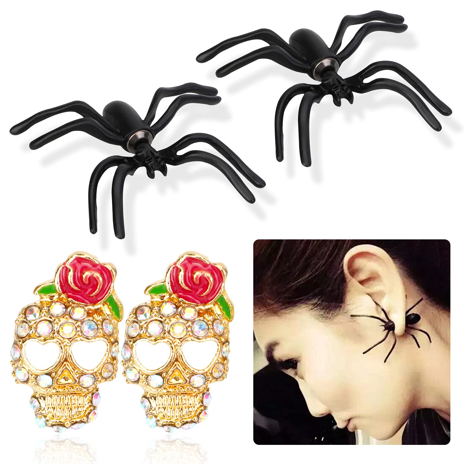 8 Paires Boucles D'Oreilles Clip Halloween – Citrouille, Araignée, Squelette, Chauve-Souris – Fun & Sans Percage Pour Femmes & Enfants