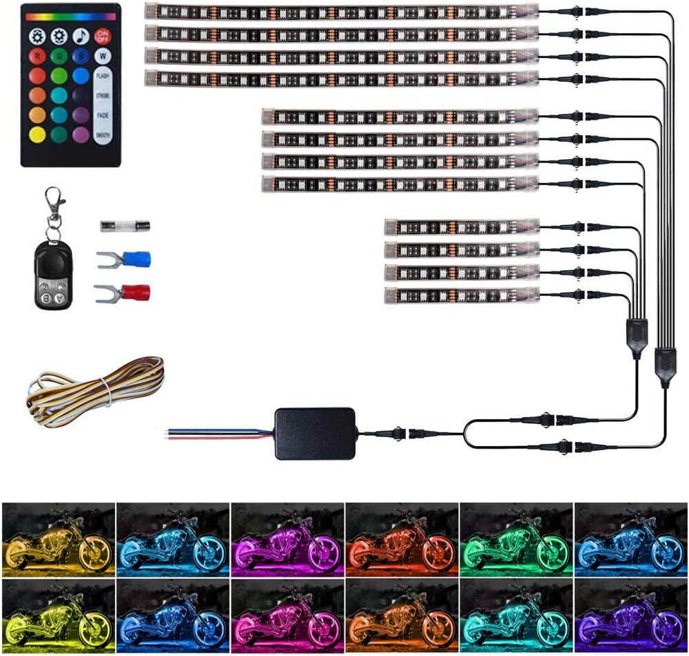 RangerRider 12PCS Motorcycle LED Strip Lights kit, Multi-Color Accent Glow Neon Lights Lamp Flexible with Dual IR/RF/Sound Controller for Harley Davidson Honda Kawasaki Suzuki Ducati Polaris KTM BMW