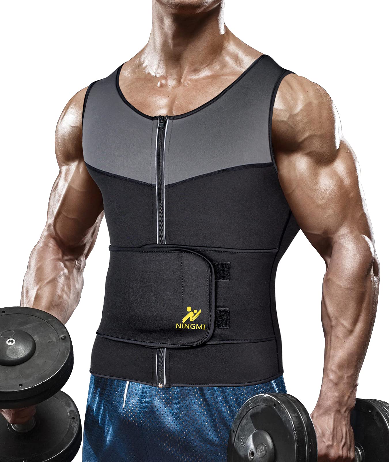 NINGMI Sauna Vest with Waist Trainer for Men 2 in 1 Sweat Workout Jacket Body Shaper Belt Fitness Neoprene Top Sauna suit