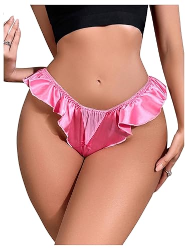OYOANGLE Women's Silk Stain Ruffle Trim Thong Panties Low Rise No Show Underwear - Small - Hot Pink