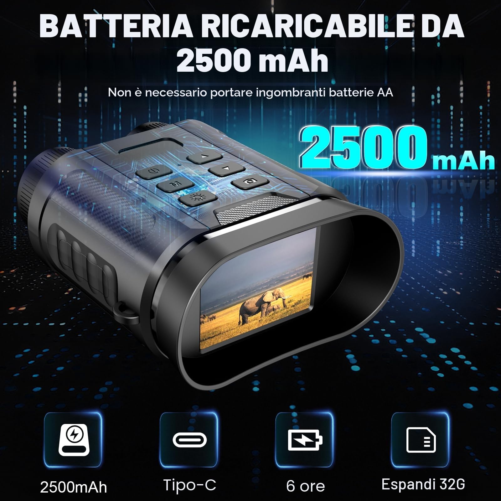4K Binocolo Visione Notturna, con Batteria Ricaricabile da 2500mAh Visione Notturna 8X Digitale Zoom 7-Livelli Infrarossi 2.4" TFT LCD Vista 300M Visore Notturno Binocolo Con Scheda 32GB