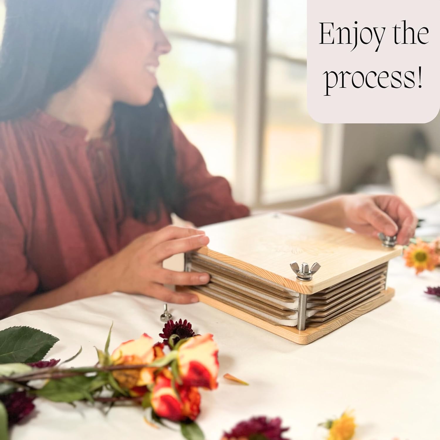 Mandylan & Co. LLC Flower Press w/Reversible Top - 8 Layered Wooden Flower Preservation for Dried Flowers w/Canvas Bag, Flower Pressing Kit for Adults and Kids,
