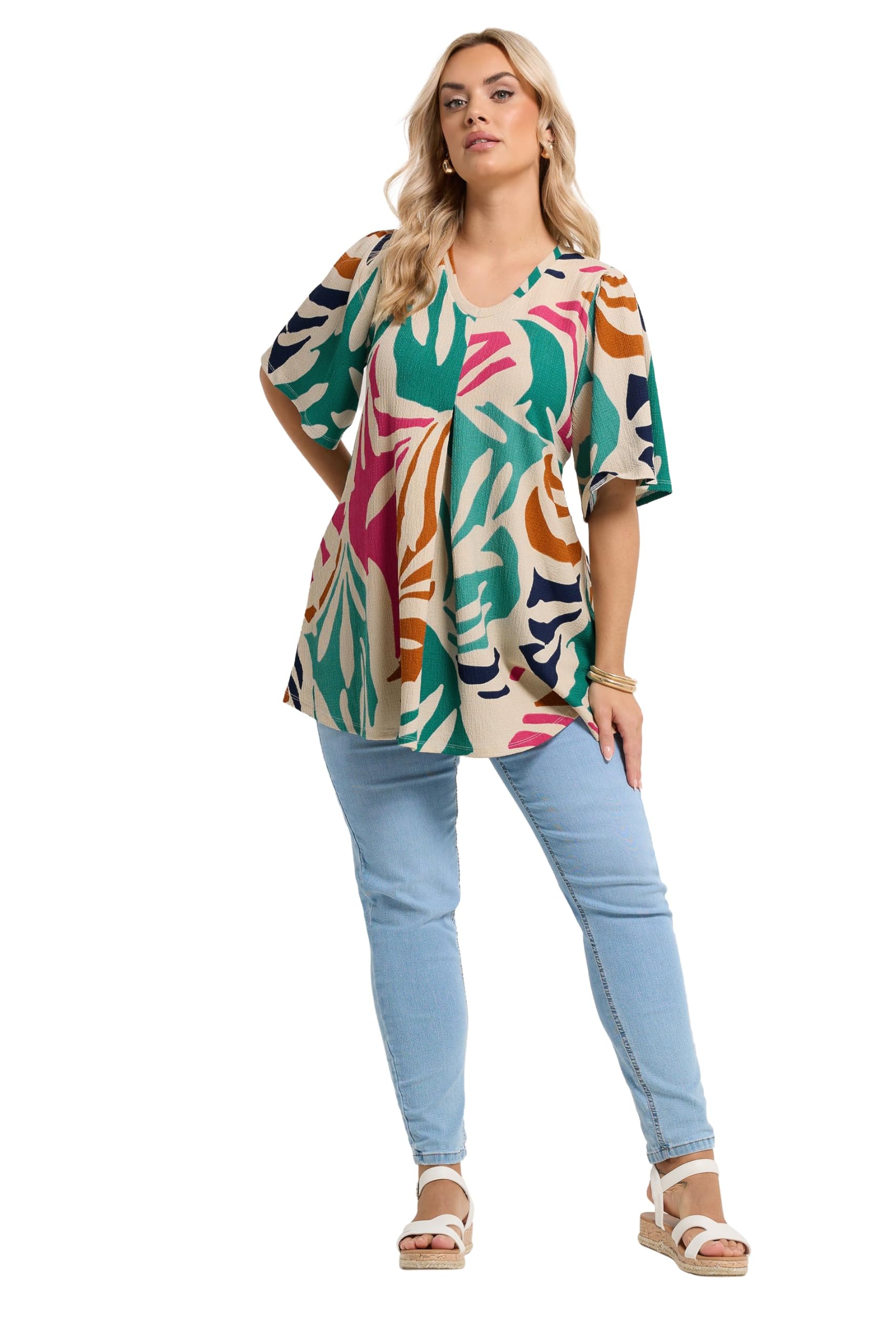 Yours Women's Multi Abstract Textured Pleated Front Top Size 18