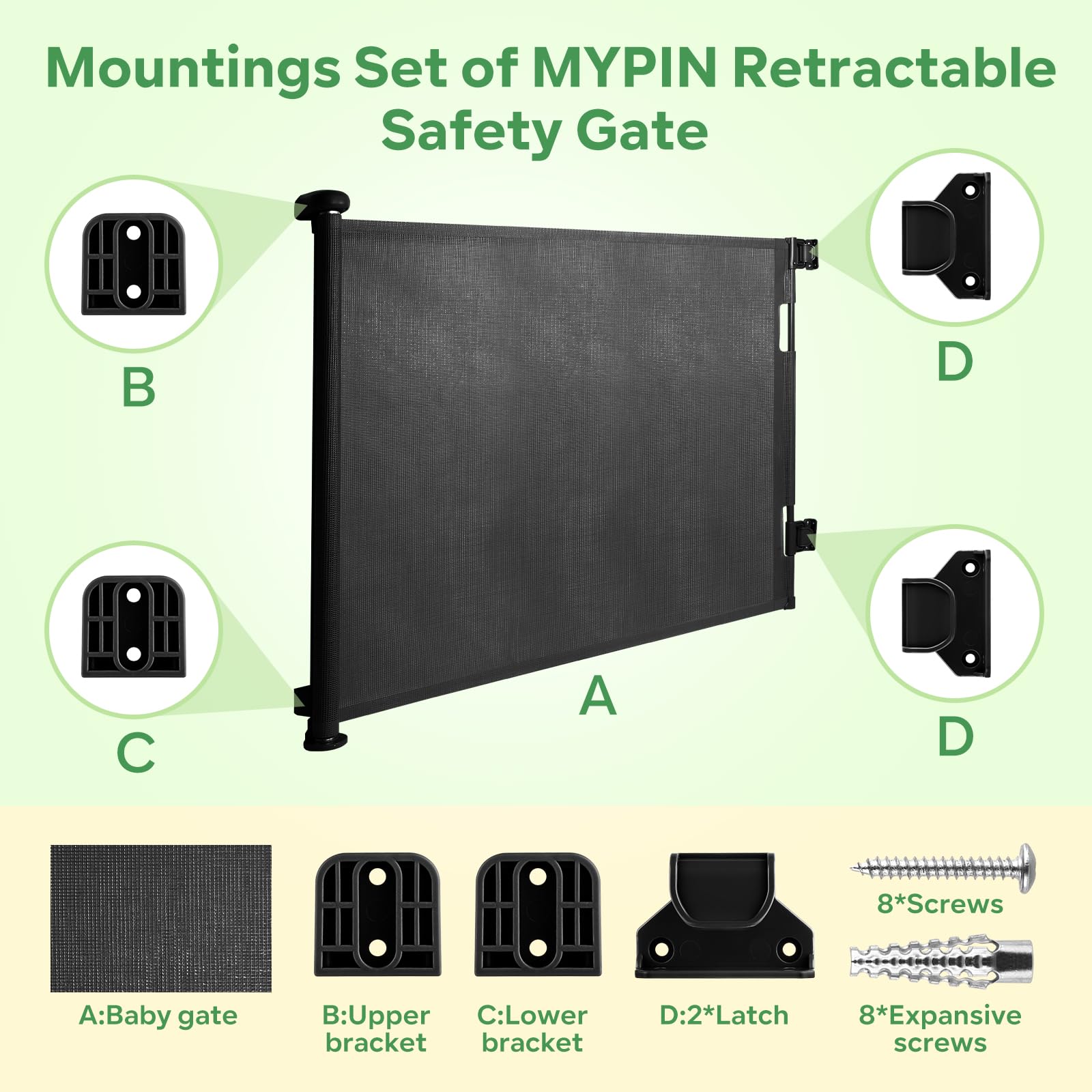 Retractable Baby Gate Replacement Parts Kit, Pet Gate Full Set Wall Mounting Hardware with Brackets Anchors and Screws(Black) - Image 2