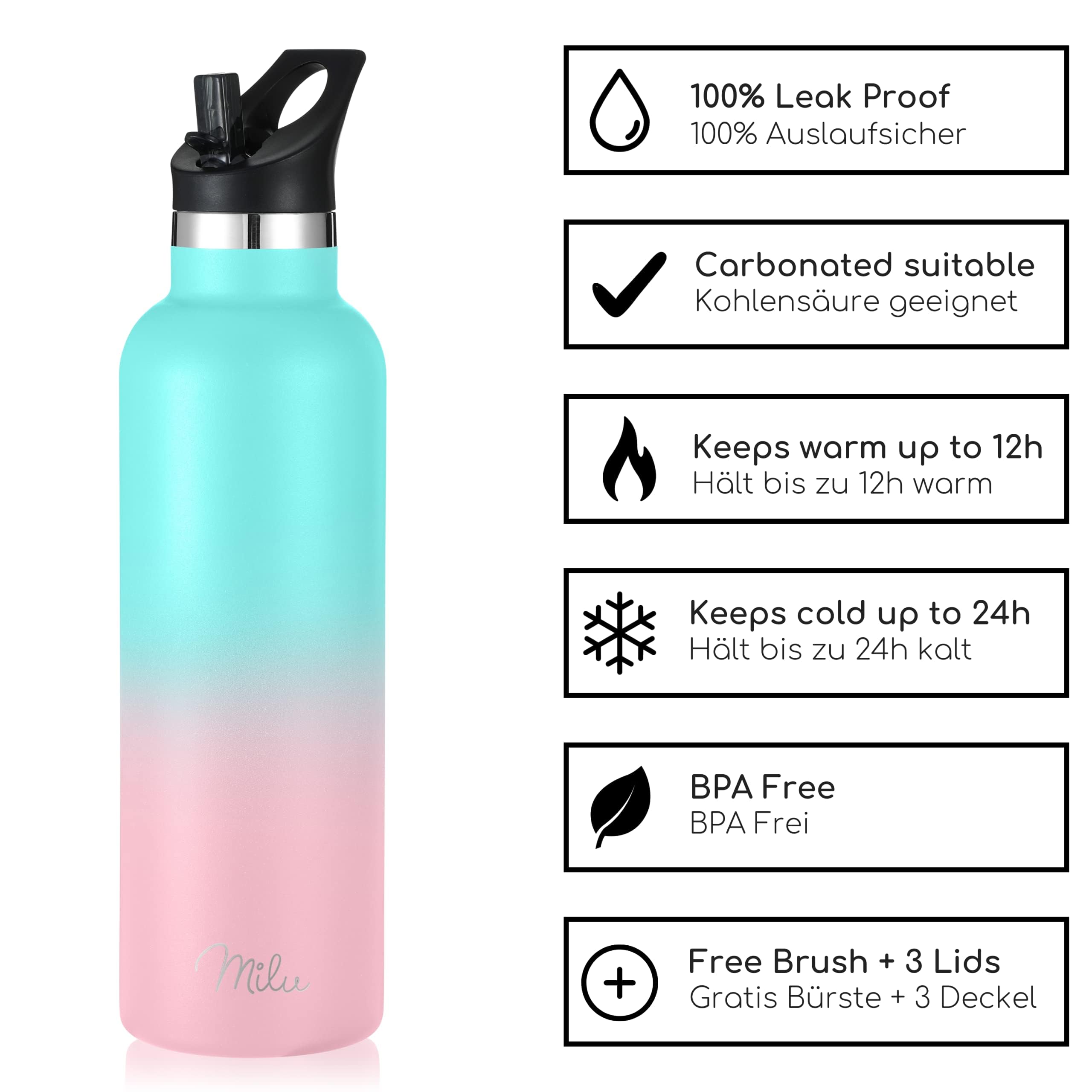 Milu Stainless Steel Drinking Bottle 350ml, 500ml, 750ml, 1l (+3 Lids), Thermo Bottle with Straw, Water Bottle - Image 3