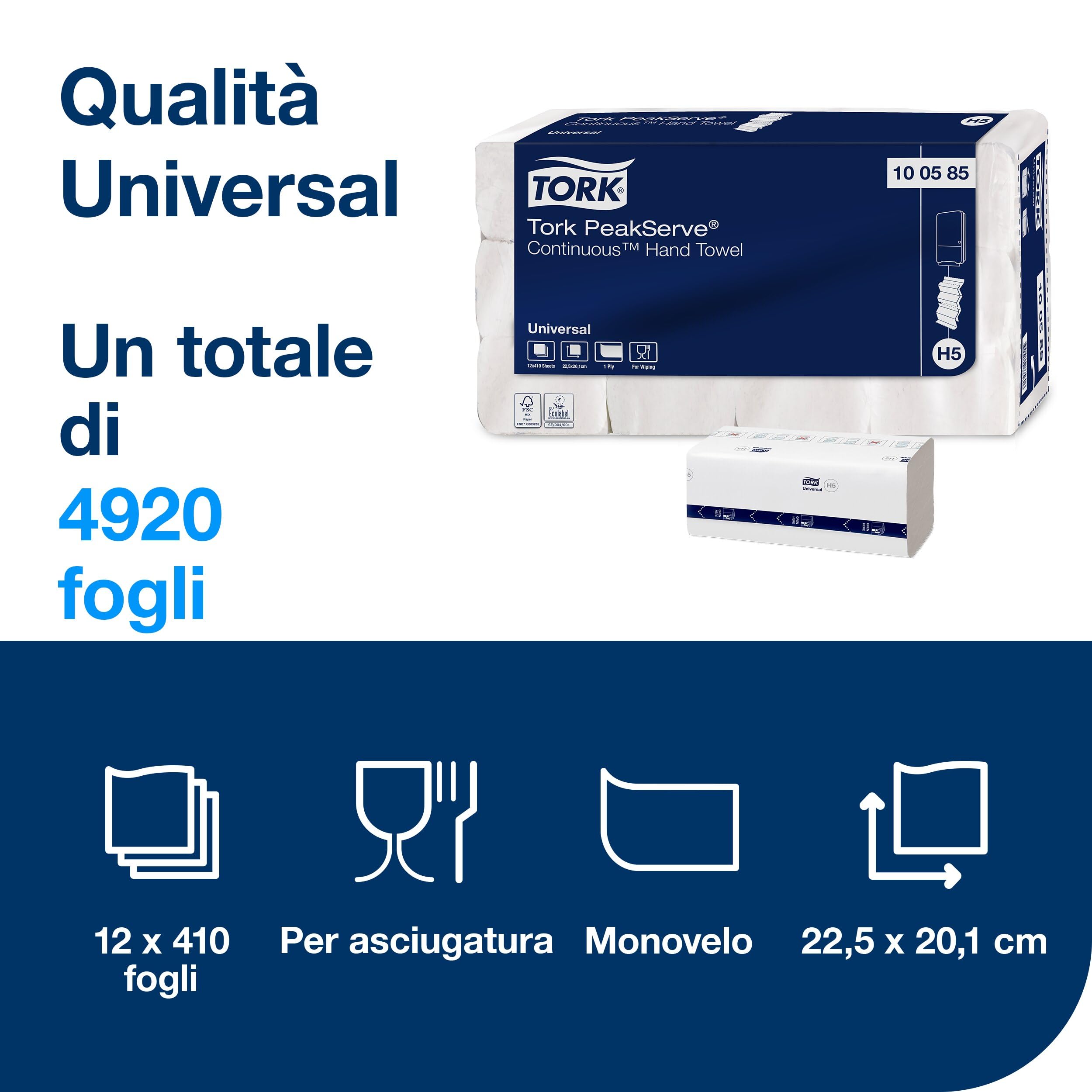 Tork PeakServe Universal 100585 - Asciugamani di carta H5 per dispenser di asciugamani - 1 strato, bianco - 12 x 410 asciugamani