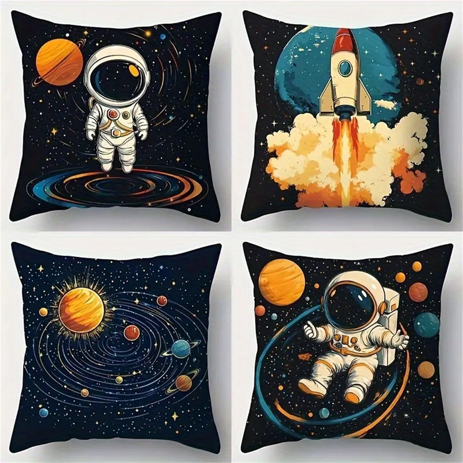 QiHon Set of 4 Decorative Linen Cushion Covers 60x60 cm, Modern Astronaut Square Throw Pillow Cases with Invisible Zipper, Breathable Pillowcases for Sofa Couch Living Room Bedroom Garden