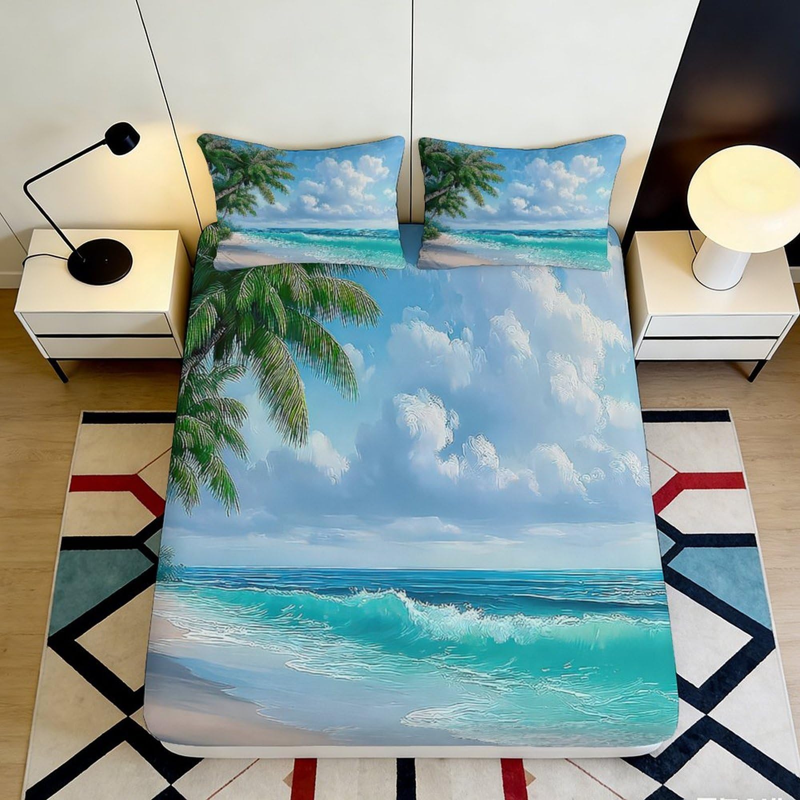 3D Printed Tropical Palm Tree Fitted Sheet Microfiber Soft Breathable Ocean Wave Mattress Cover for Bedroom Dormitory Guest Room Mattress Protection Decor 90x200x25cm