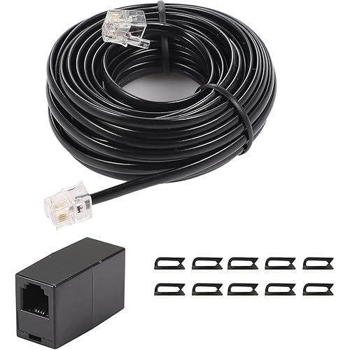 20Feet Long Telephone Extension Cord Phone Cable Line Wire, with Standard RJ11 Plug and 1 in-Line Couplers and 10 Cable Clip Holders-Black (20 Feet)