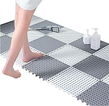 Interlocking Non Slip Drainage Tiles 12 x 12 Inch Soft PVC Waterproof Floor Mat Non Slip Rubber Bath Mat with Drain Holes Column for Bathroom, Kitchen, Shower, Pool, (Grey, White) (PAKC of 12)