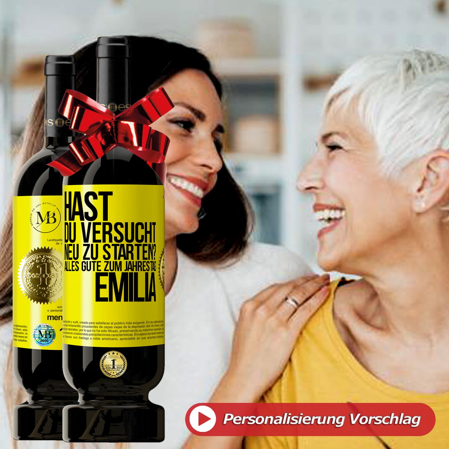«Du weißt dass du älter wirst wenn jedes Lachen in einem Husten endet» Flaschenpost. Premium Rotwein Reserve 12 Monate MBS Martín Berasategui System + Gift Box. Etikett Gelb ANPASSBAR
