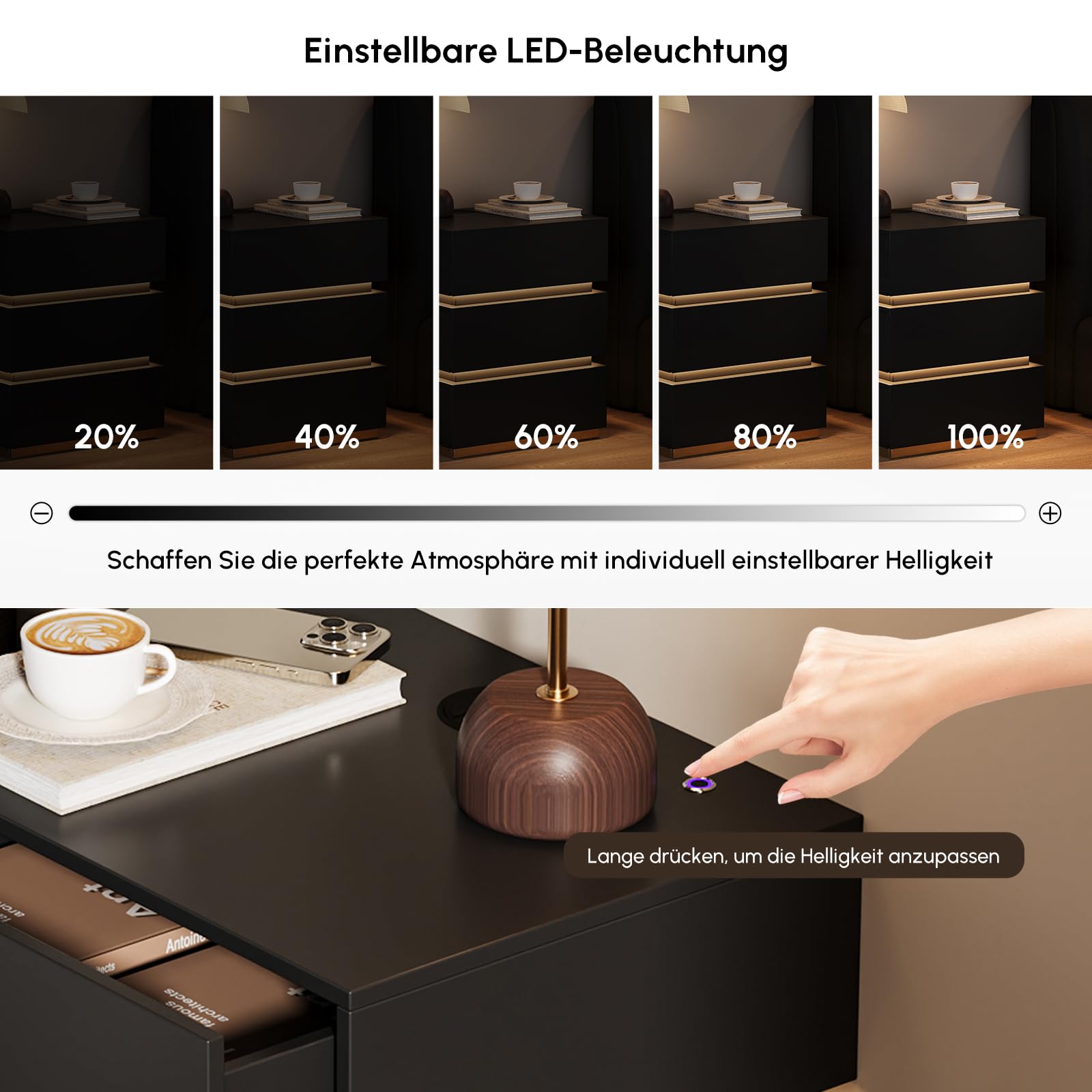 Homary LED Smart Nachttisch mit kabelloser Ladestation, Nachttisch mit Schubladen & USB-Anschlüssen, Modernes Nachtkästchen mit LED-Beleuchtung für Schlafzimmer (Led Schwarz 3 Schubladen)