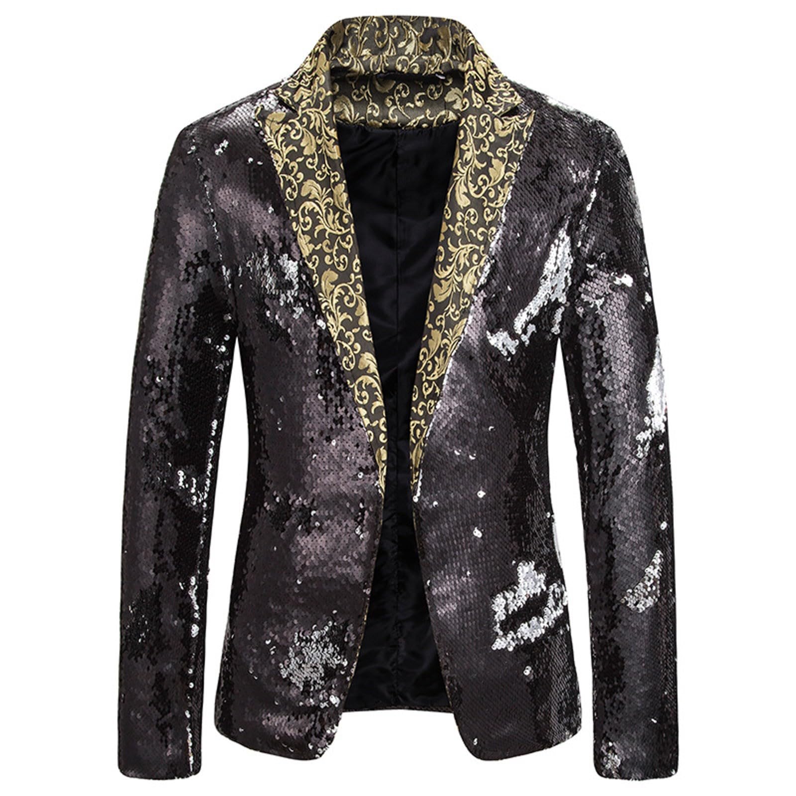 Herren Pailletten Sakko Gold Glitzer Blazer Slim Fit Hochzeit Mantel Langarm Mantel Disco Party Anzug Herren Pailletten-Sakko für Faschingskostüme Männer Performance Karneval Kostüm