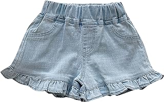 Pantalones cortos acampanados de mezclilla con volantes y cintura elástica de color sólido para niñas, para verano, playa (azul, 5-6 años)