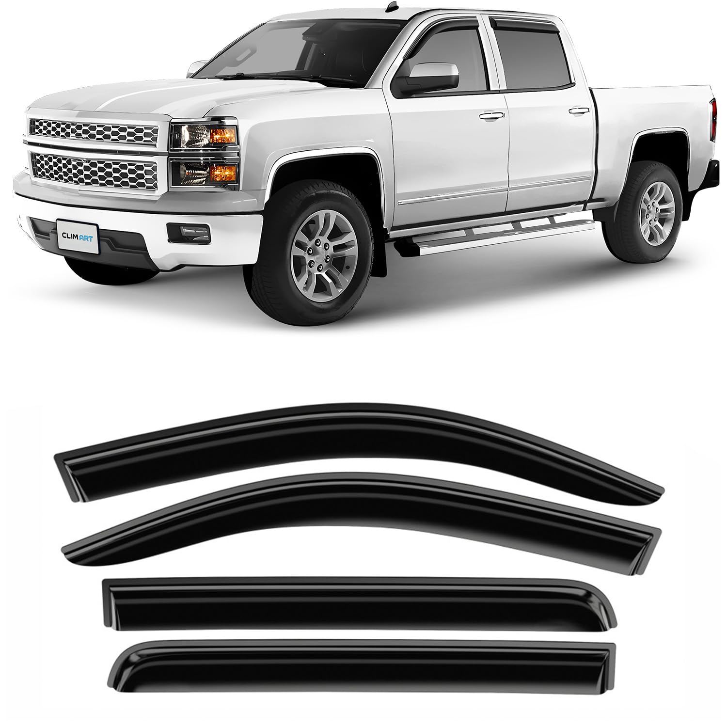 CLIM ART Incredibly Durable Rain Guards for Chevrolet (Chevy) Silverado/GMC Sierra 2014-2018 Crew Cab, Tape-on Window Deflectors, Vent Deflector, Vent Window Visors, Truck Accessories, 4pcs- 414003
