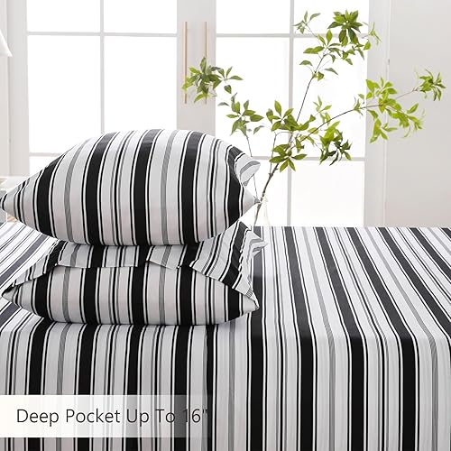 Miniatura 5 de MCO Juego de sábanas a rayas de 4 piezas, juego de sábanas transpirables tamaño King con bolsillo profundo de 16 pulgadas, moderno y lujoso, juego