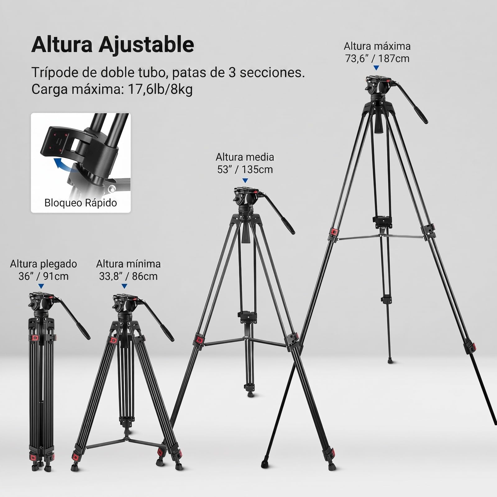 NEEWER 74" trípode de vídeo con Cabeza fluida,QR Placa Compatible con dji RS cardanes,Aluminio Resistente trípode cámara Profesional cámaras DSLR videocámaras,Carga máxima 17.6lb/8kg TP74