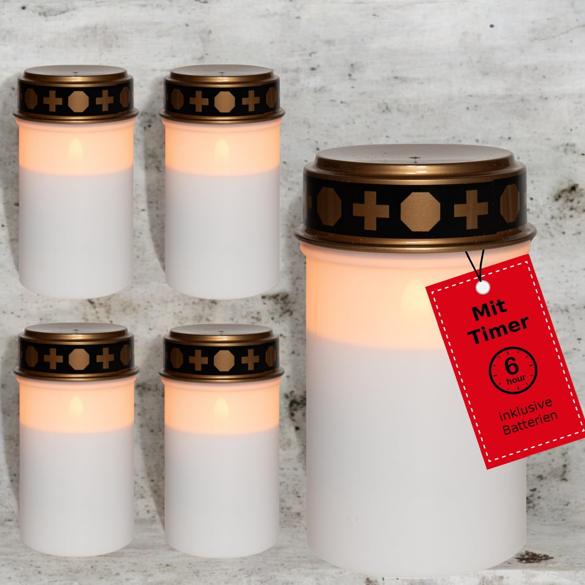 Novaliv Grablicht LED mit Batterie und Timer 6/18 5 Stück weiß Dauerbrenner Grablichter Kerzen Outdoor LED Grabkerze mit Batterie Friedhofskerze Gedenkkerze Ewiges Licht Grableuchte