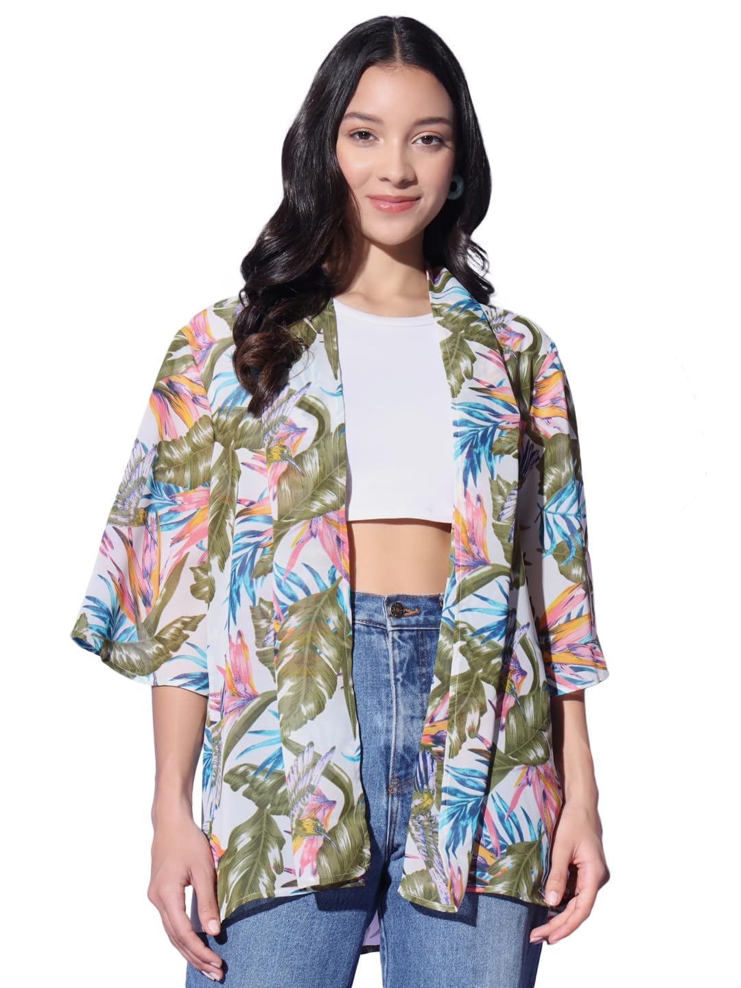 trend arrest.ed Women’s Tropical Print Kimono Shrug with Half Sleeves | Lightweight Bird & Leaf Pattern Layer for Summer Outfits-picture-39