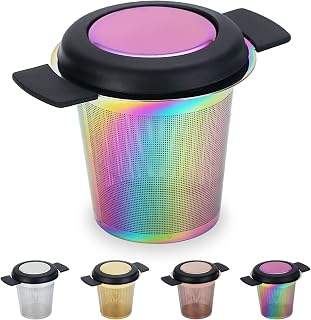 Kyraton Rainbow Tea Infuser for Loose Tea, Stainless Steel Titanium Colorful Plating Loose Leaf Tea Steeper Strainer, Infuser Fine Mesh Filters with Large Capacity Double Handles for Hanging on Teapot