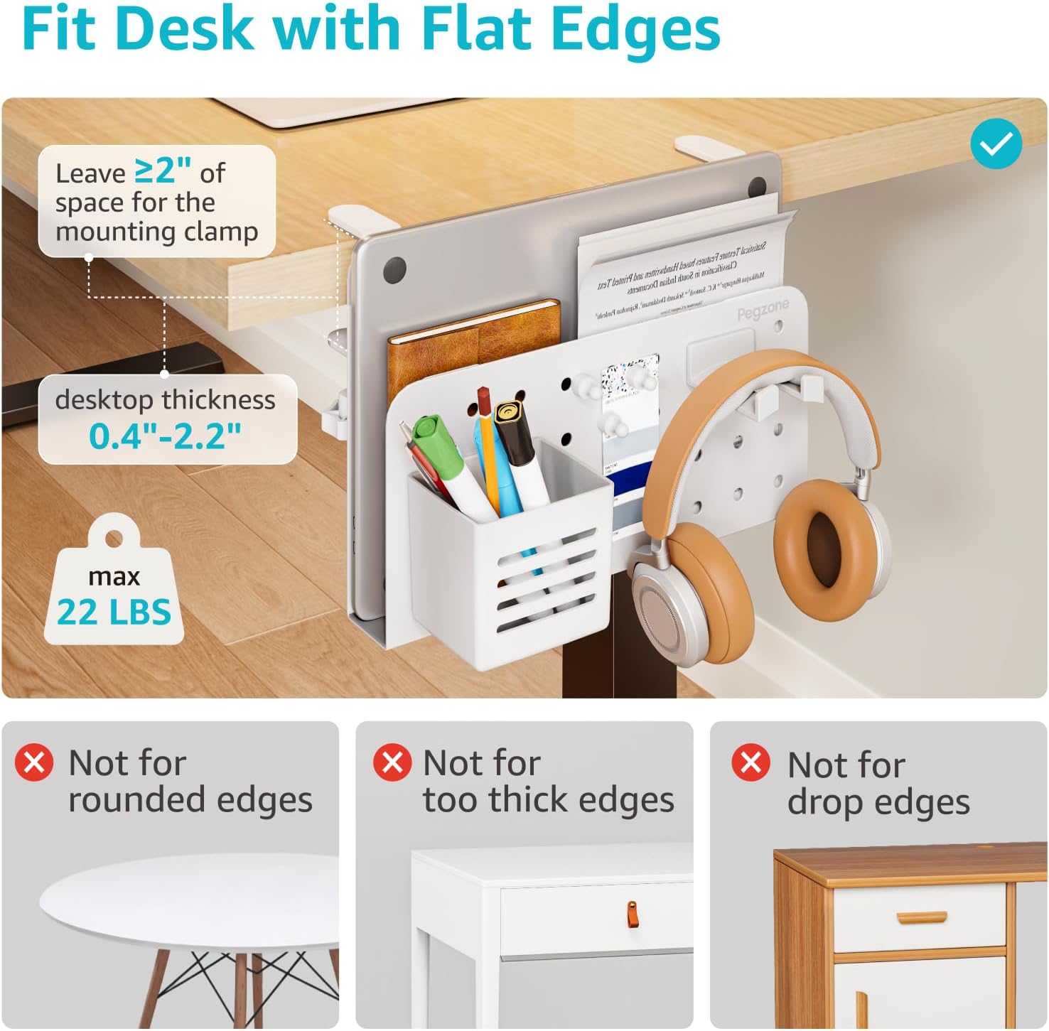 PEGZONE Desk Side Storage Organizer, No Drill Under Desk Laptop Holder, Clamp on Desks Shelf with Pegboard Accessories, Hanging Laptop Mount, Fits Flat Edge 0.4" to 2.2", White