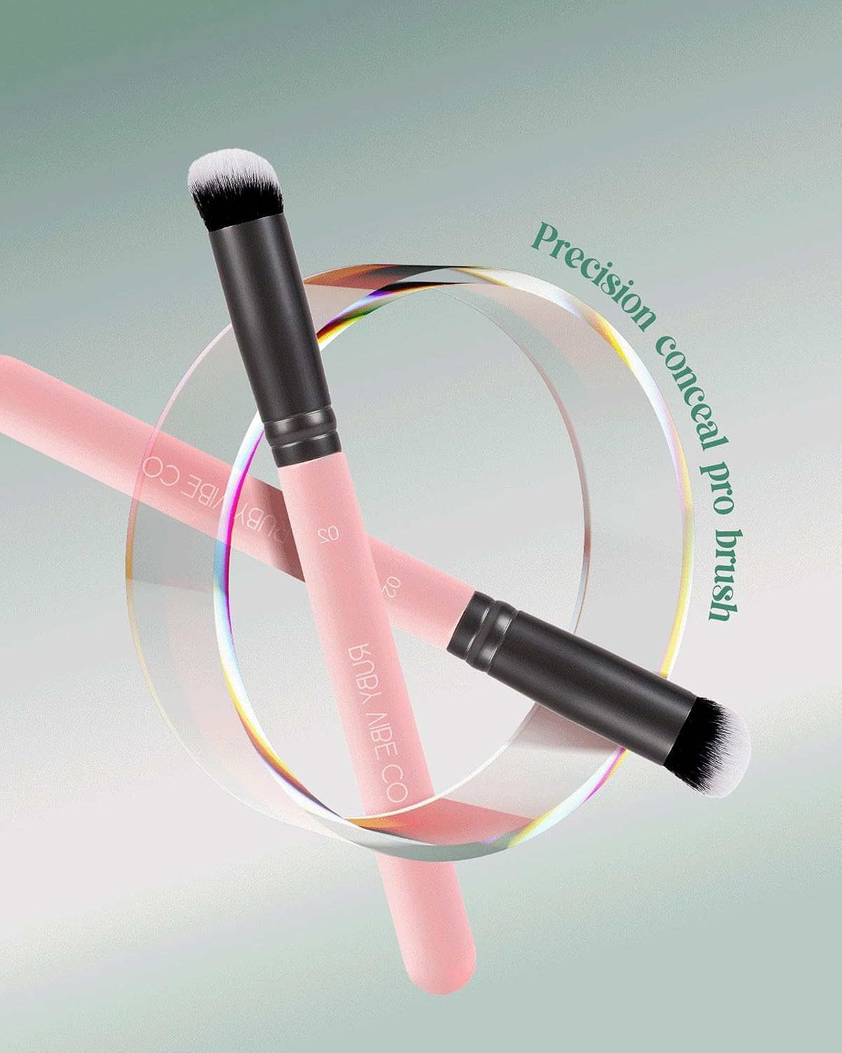 PrecisionConceal Pro Brush 010, Mini Angled Flat-Top, Synthetic Hair, Concealer Brush, Pink Wooden Handle, Off-White with Gray Tips, For Under-Eye and Spot Correction, All Skin Types | RUBY VIBE CO