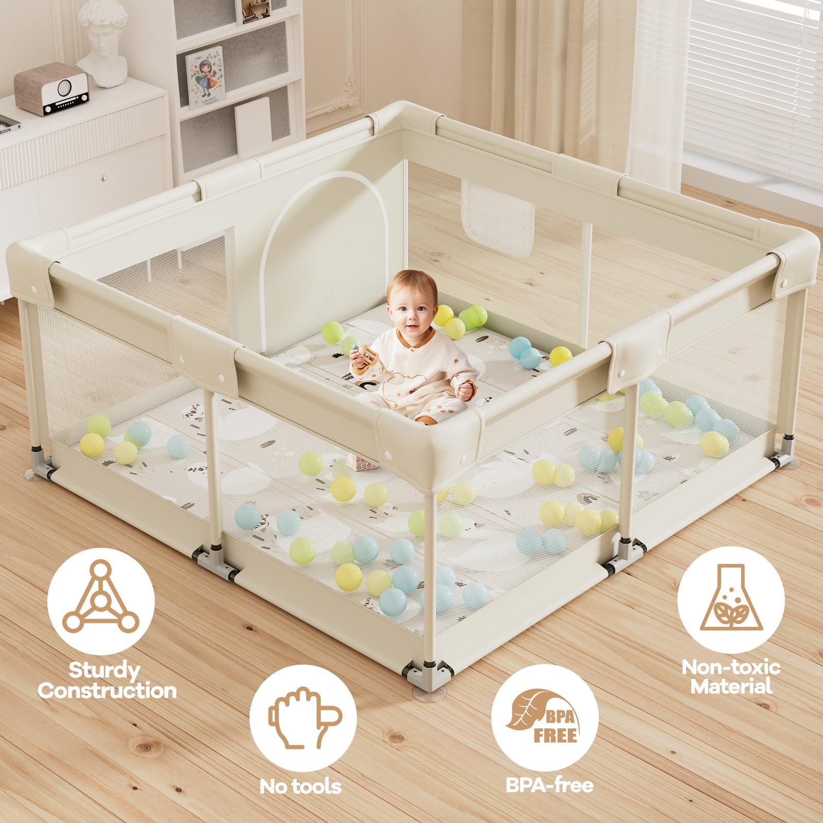 Lertantri 120x120cm Box Bambini con Materassino, Beige Recinto per Bambini, Box Bambini per Appartamento, Recinto Neonato con Rete Traspirante Sui Quattro Lati e Ventose, Petit Parc Bebe