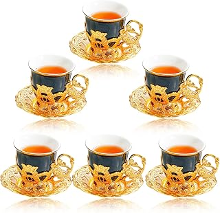 Turkish Arabian Coffee Cup and saucer, Espresso cup and saucer Plate and spoon, ceramic tea set gift box, 2.8 OZ coffee cup set for women (black)