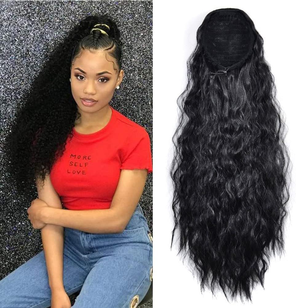 Afro Curly Kinky Straight Wave Clip in Ponytail Drawstring for Black Woman Hair Extension High Puff Afro (Long Black)