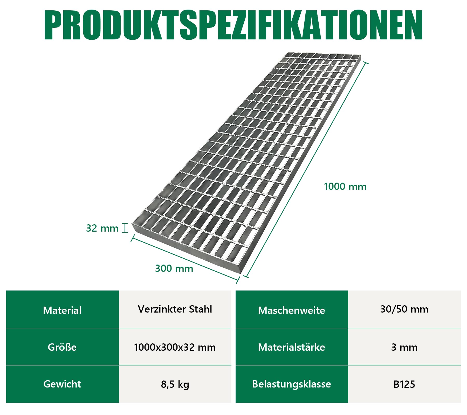 Gitterrost Verzinkt 1000x300x32 mm Tragstab 32/3 mm B125 PKW-Befahrbar Garagenrost Abflussrost Trittrost Gitterroststufe Rinnenrost für Garageneinfahrt Werkshalle Feuerverzinkt