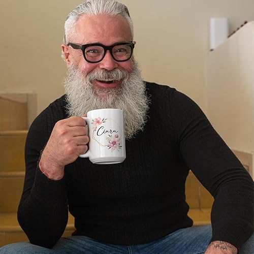 Vista 51 de Taza de cerámica blanca con monograma de letra inicial personalizada, alfabeto floral, nombre personalizado y inicial A-Z, taza de café de 11 onzas