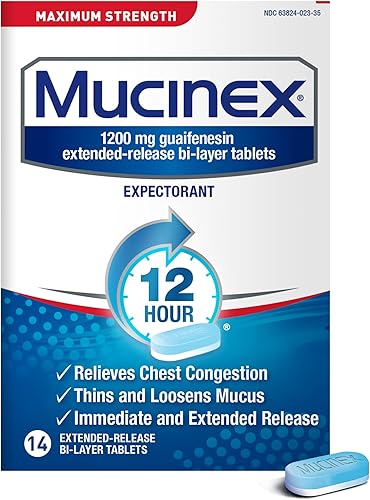 Chest Congestion Mucinex Maximum Strength 12 Hour Extended Release Tablets 14ct 1200 mg Guaifenesin with extended relief of chest congestion caused