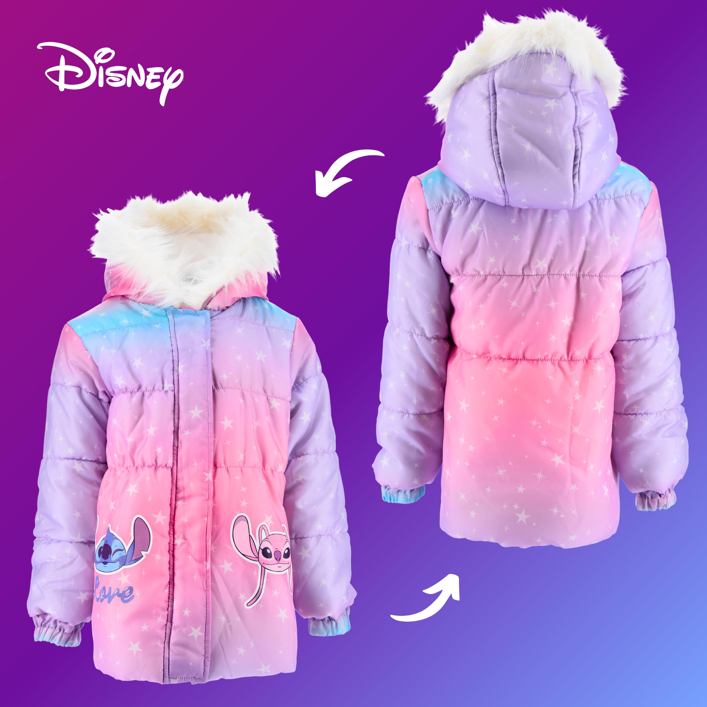 Disney Stitch Giacca per Ragazze, Caldo e Morbido Giubbotto Piumino Invernale, Cappotto con Cappuccio per Bambina, Taglie 3 a 8 Anni