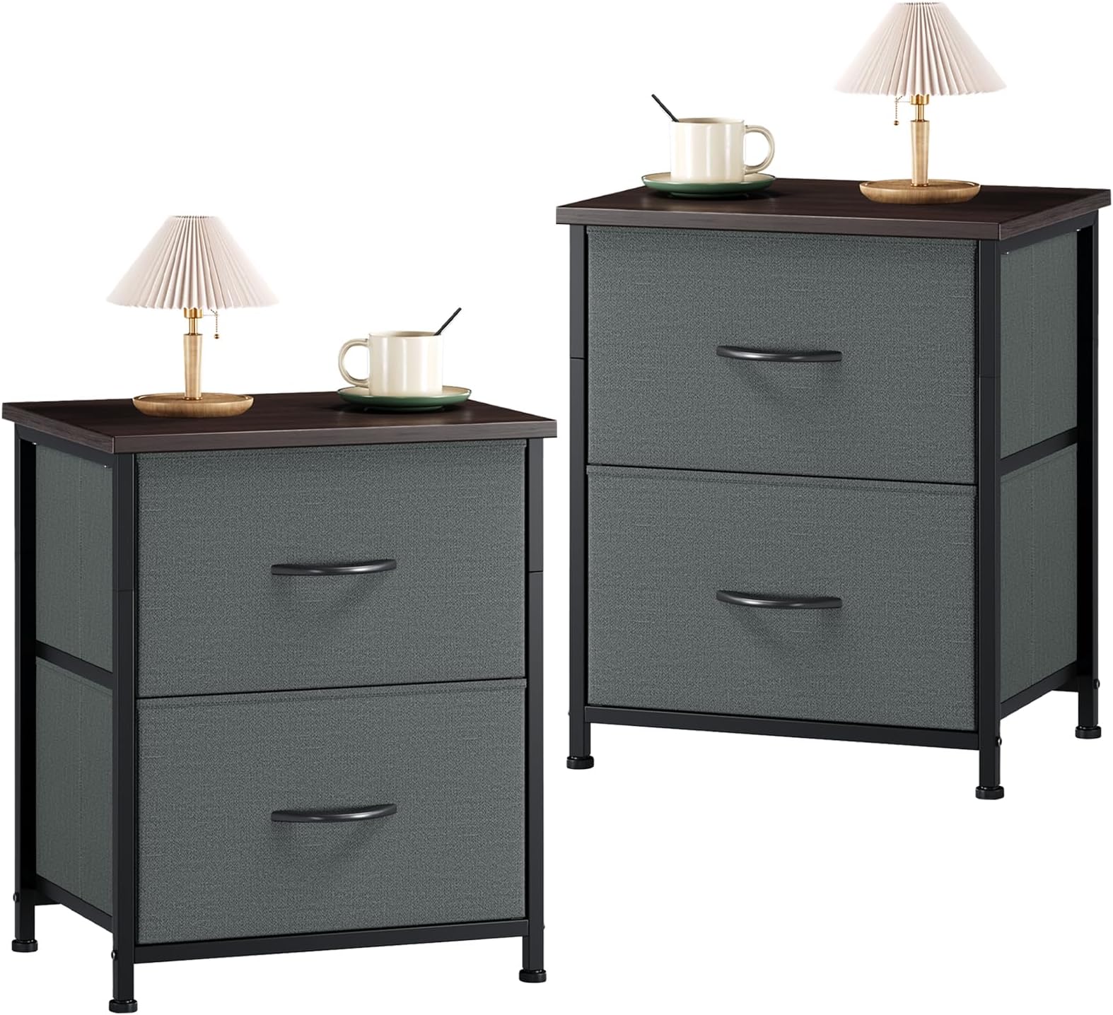 Nightstand Set of 2, Small Dresser for Bedroom with 2 Drawers, Bedside Table Night Stand End Table with Fabric Bins for Bedroom Kids Closet Dorm Guest Room, Charcoal Grey