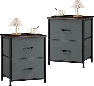 Somdot Bedside Table Set of 2, Bedroom Bedside Cabinet with 2 Fabric Drawers, Nightstand Side Table for Kids Living Room Dorm, Charcoal Grey