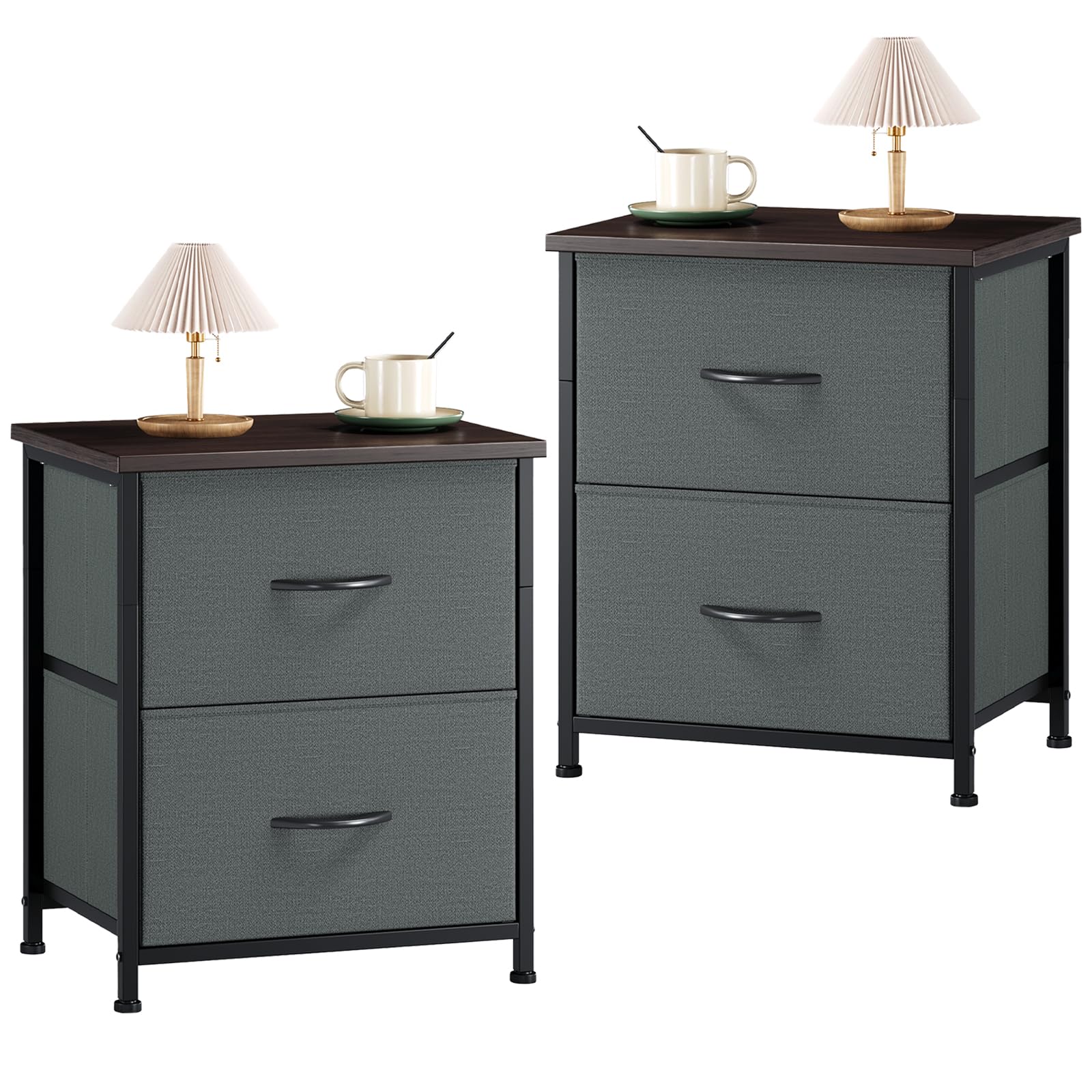 Somdot Bedside Table Set of 2, Bedroom Bedside Cabinet with 2 Fabric Drawers, Nightstand Side Table for Kids Living Room Dorm, Charcoal Grey