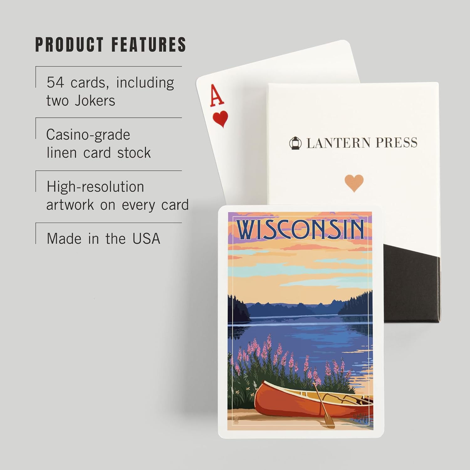 Lantern Press Wisconsin, Canoe and Lake, 52 Playing Cards for Adults, Poker Size Card Deck