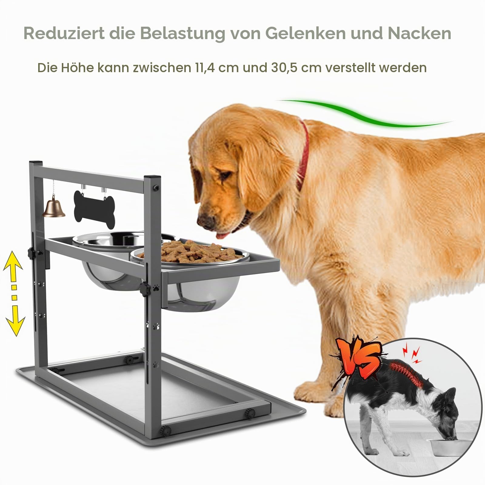 Grauer erhöhter Hundenapfständer mit zwei 1700 ml Edelstahl-Futternapf, einem langsamen Futterspender und Silikon-Haustier-Futtermatte, verstellbarer Hunde-Futterspender, erhöhte Hundenäpfe für große