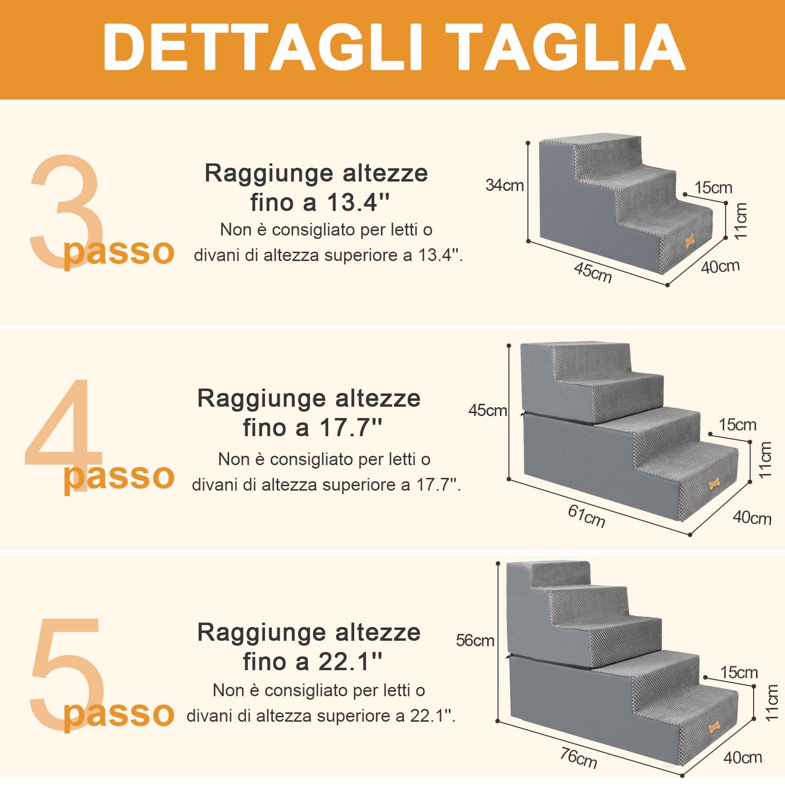 Nepfaivy Scaletta per Cani - Scala per Cani e Gatti per Salire sul Letto, Gradini con Copertura Rimovibile e Lavabile, Grigio, 61x40x45cm