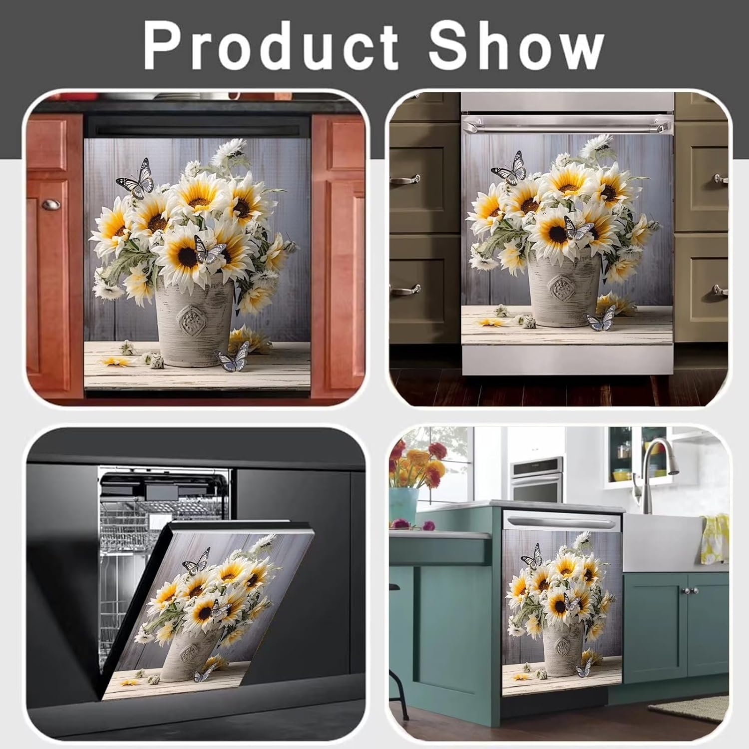 Dishwasher Magnet Cover Kitchen Decor,Rustic Farmhouse Daisy Flowers Butterflies Refrigerator Magnetic Door Cover Vinyl Decal,Home Appliance Magnet Sticker Sheet 23 W x 26 H inches