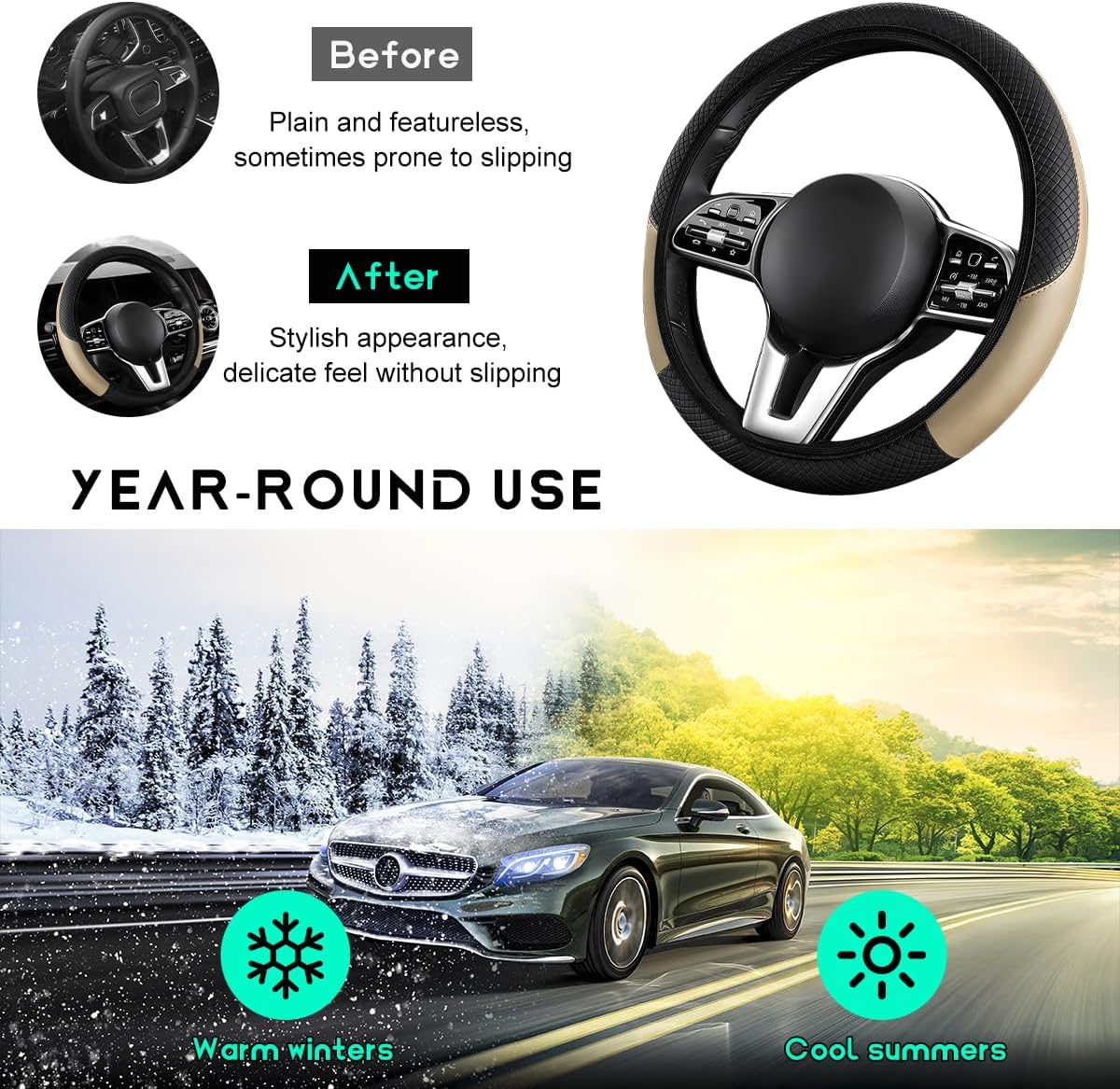 Car Steering Wheel Cover, 15 inch Carbon Fiber Microfiber Leather Elastic Steering Wheel Protector, Breathable Anti-Slip Comfortable Steering Wheel Covers for Most Cars (Beige, AD) - Image 6