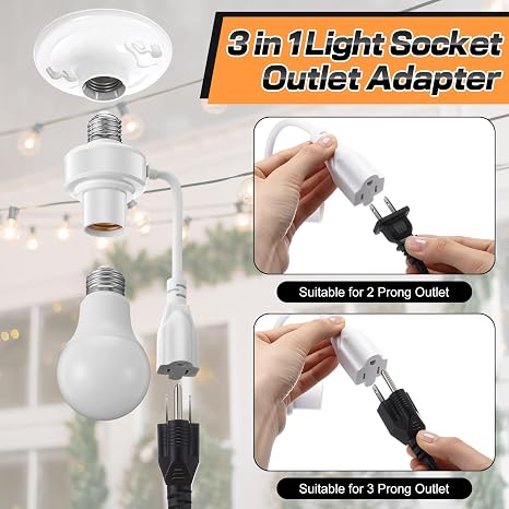 Enhon 3 in 1 E26 Light Socket Outlet Adapter, Light Socket to Plug, 2 Pcs