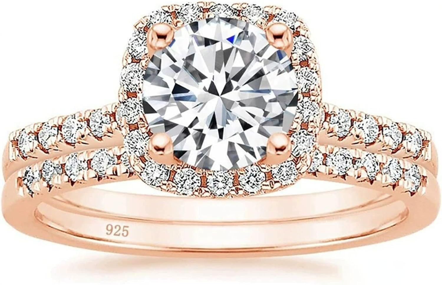 Engraved Women 925 Sterling Silver Promise Ring, 2 Ring Set with 7MM Round with Cubic Zirconia, Gold Ring Bands for Women